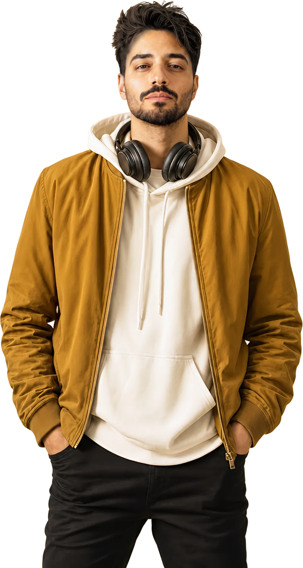 Laures in a mustard bomber jacket over a white hoodie, headphones round his neck, hands in his pockets