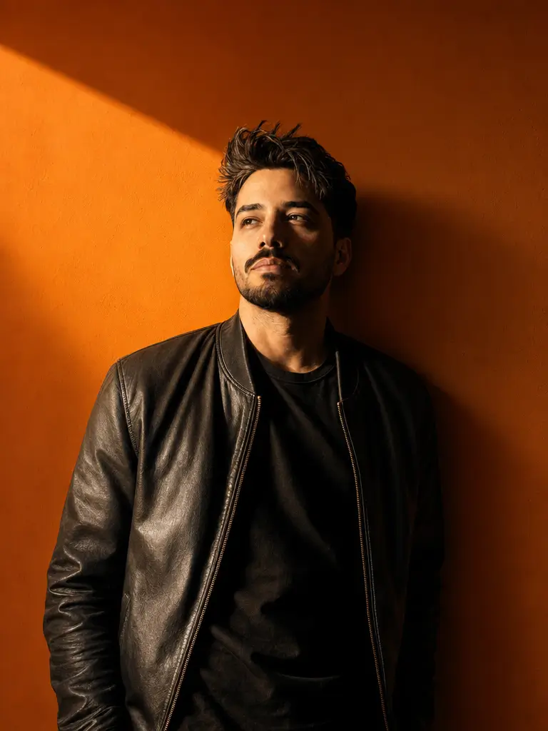 Laures leaning against an orange wall