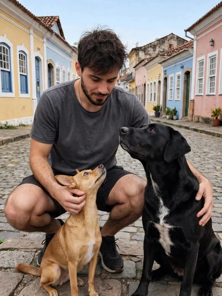 Laures crouching on a cobbled street lined with colourful houses, with Sky and Ritalino at his side