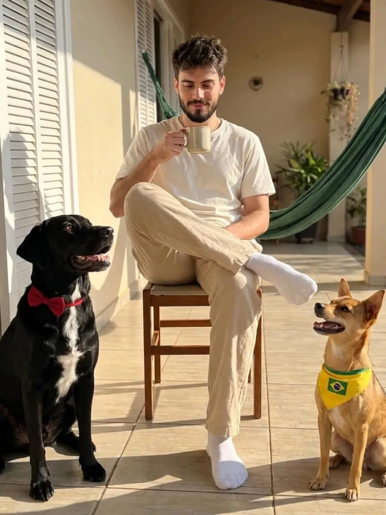 Laures sitting on a veranda with a coffee, Ritalino and Sky in bandanas at his feet