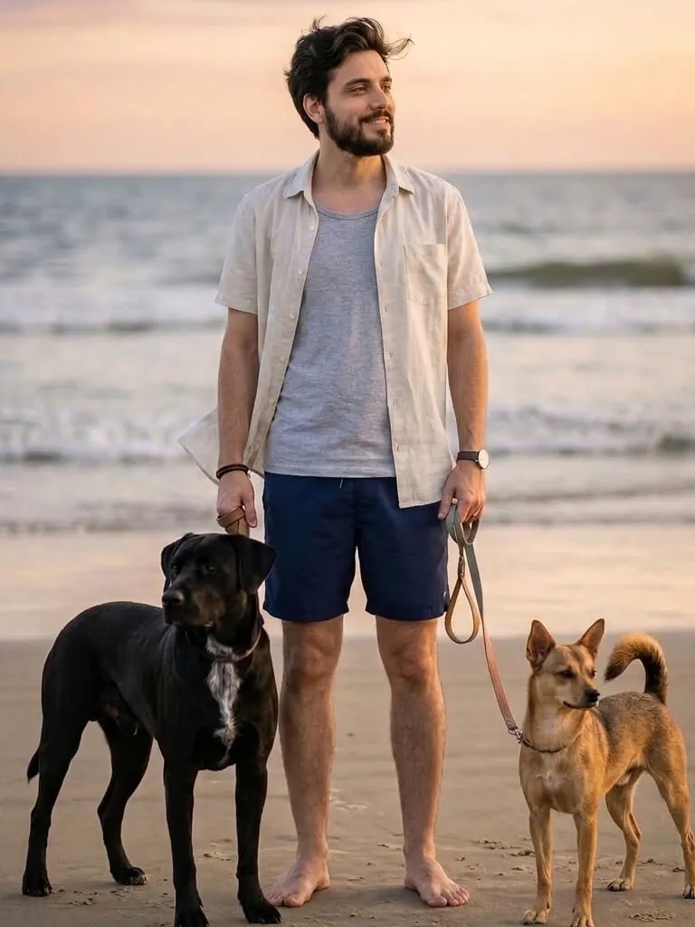 Laures standing barefoot on a beach at sunset, walking Sky and Ritalino on their leads