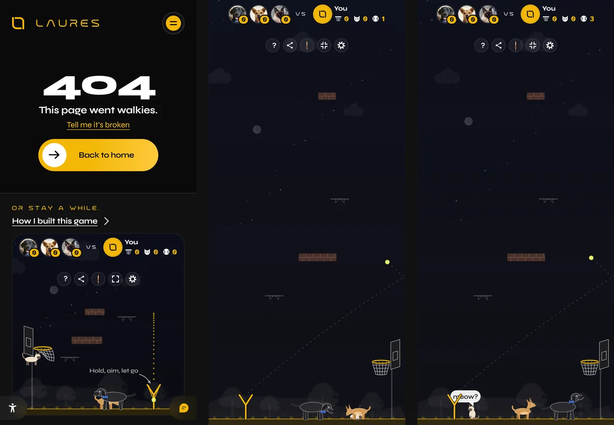 The game on a phone, three times: under the 404, a throw in full screen, and an achievement — Dimitri stole the ball