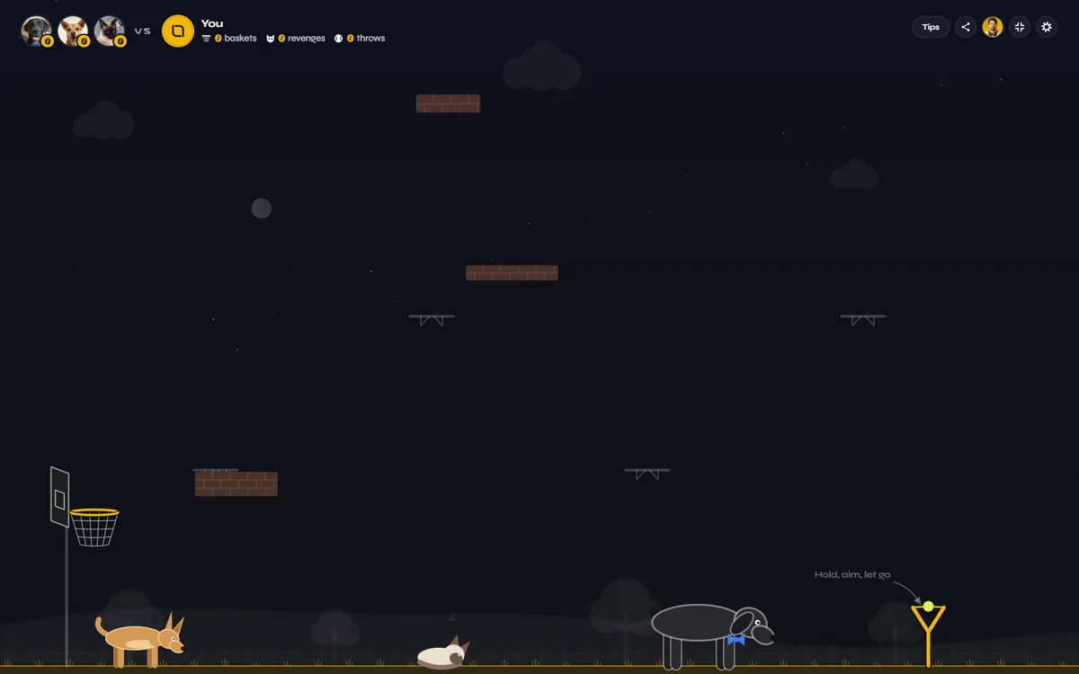 The game: a slingshot on the grass, a basket on a pole, floating bricks, and Sky, Ritalino and Dimitri on the lawn