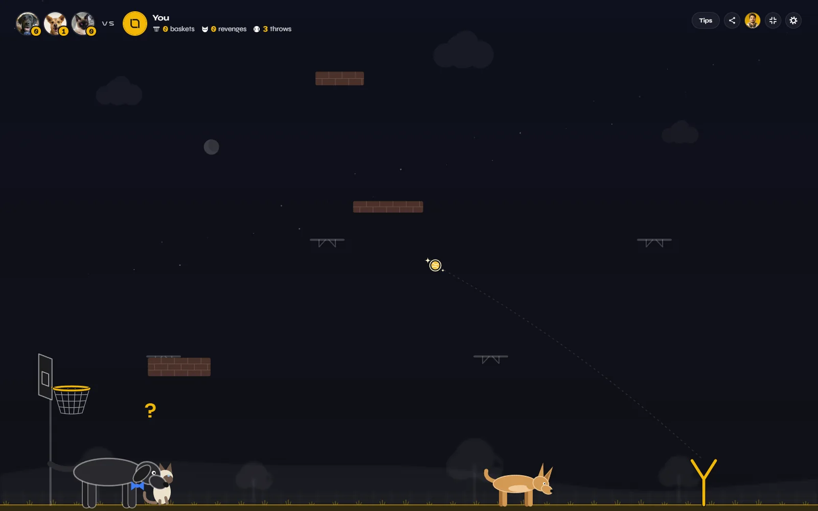 Full screen on a laptop: a golden ball, worth two, on its way, while Ritalino and Dimitri wait under the hoop