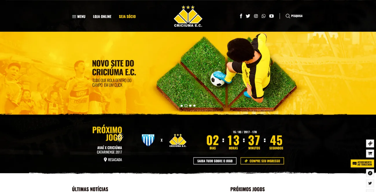The new Criciúma E.C. home page on desktop: the hero and the countdown to the next match