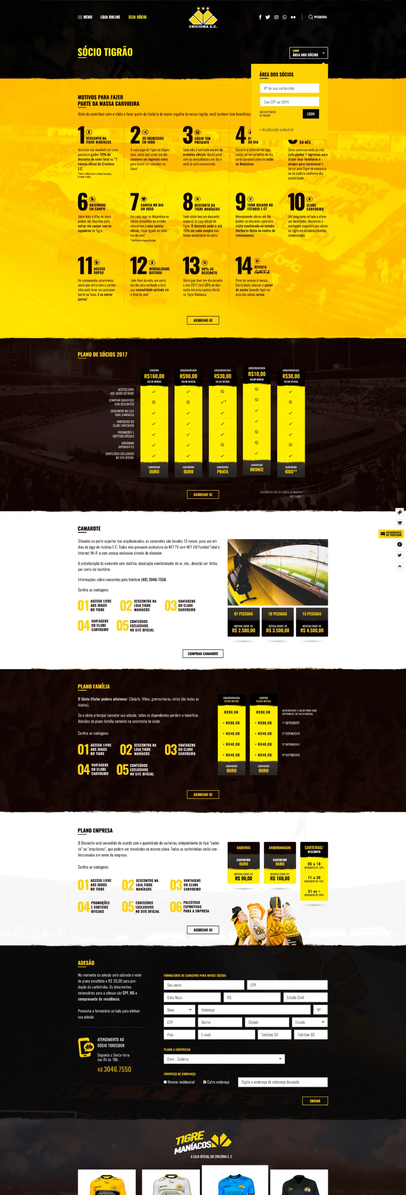 Sócio Tigrão membership: fourteen reasons to join, the 2017 plans side by side, the box, family and company plans, and the sign-up form