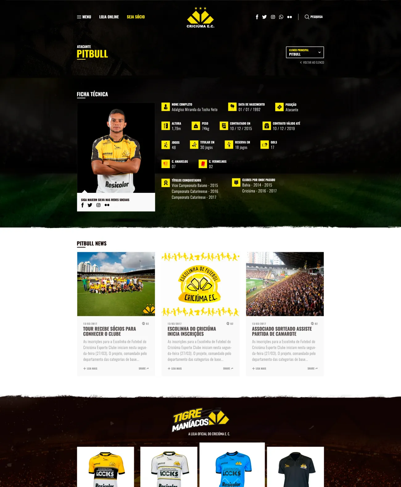A player page: the profile with his numbers, the titles and clubs, and his news