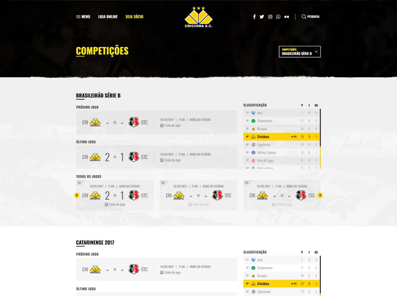 Competitions: fixtures and results by competition, beside the table