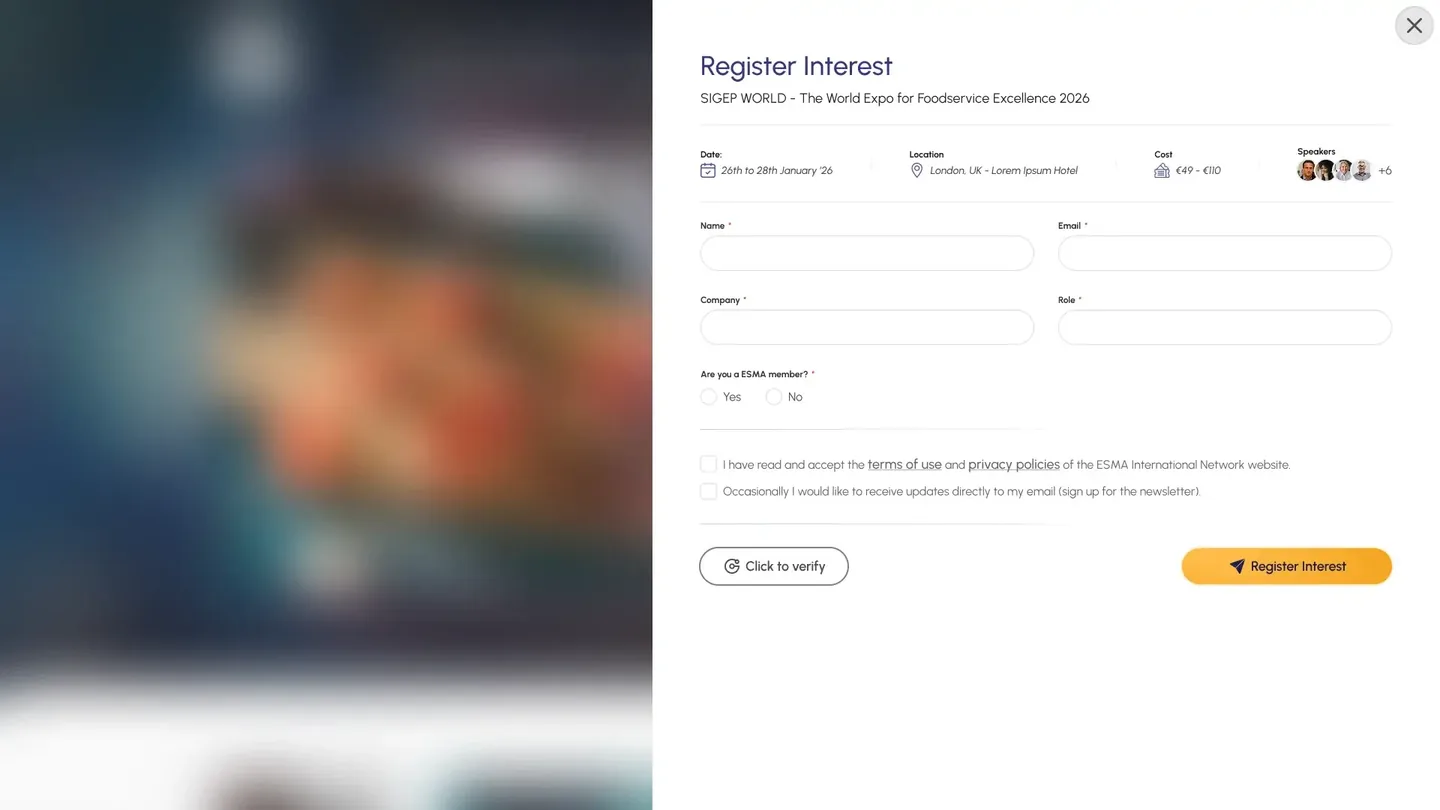 The Register Interest form open in a panel over the event page