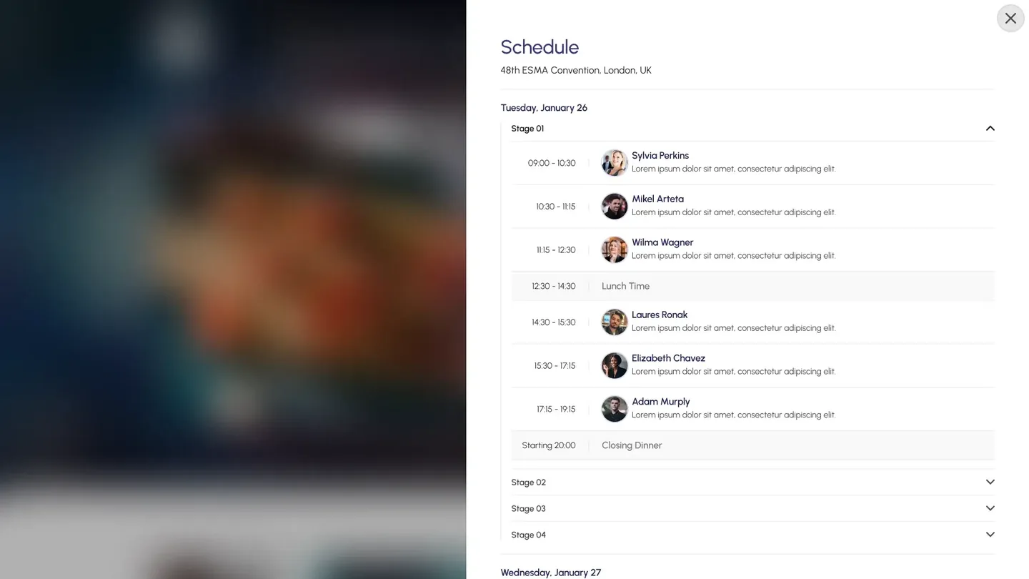 The event schedule open in a panel over the event page