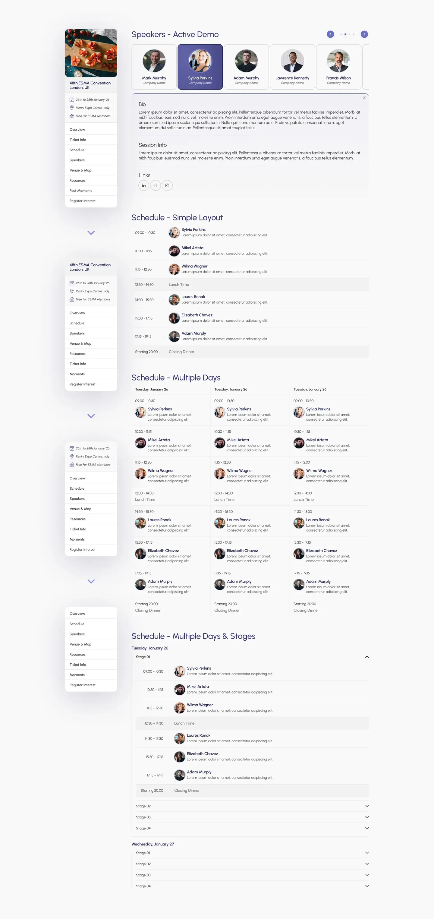 Design board of the event page sections: the sticky side menu in four states, the speakers carousel with a speaker open, and three schedule layouts
