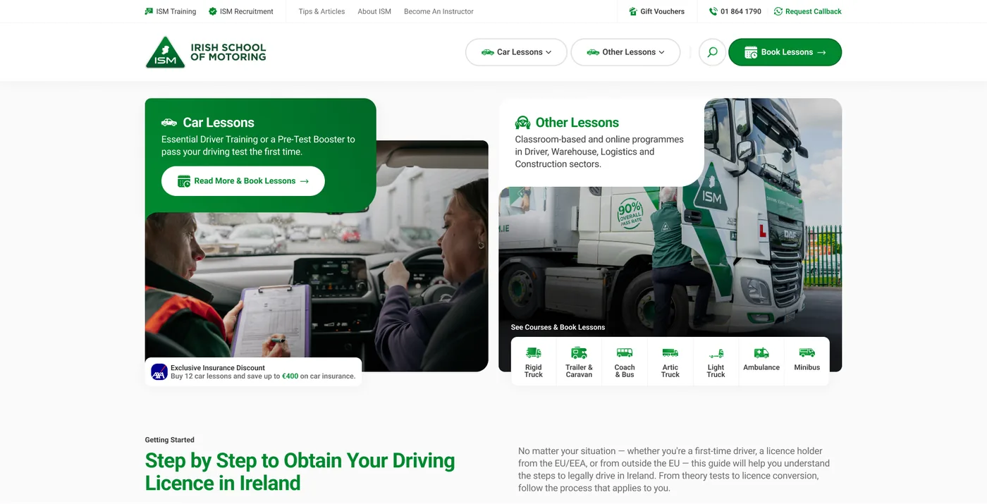 The Irish School of Motoring's home page on a desktop screen: car lessons and every other category as two equal doors