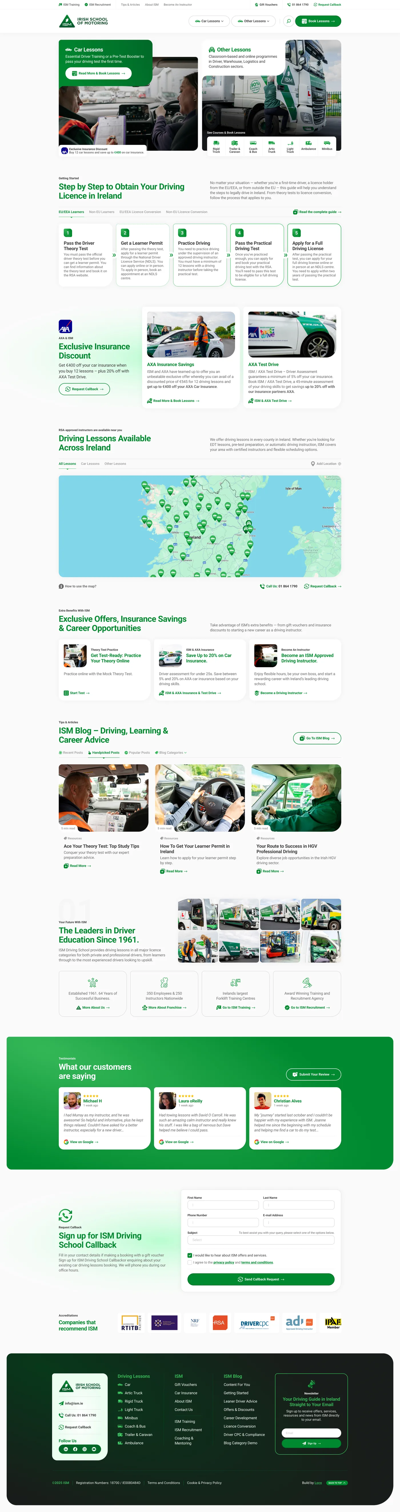 Home page: car lessons and every other category as two equal doors, above the step-by-step licence guide