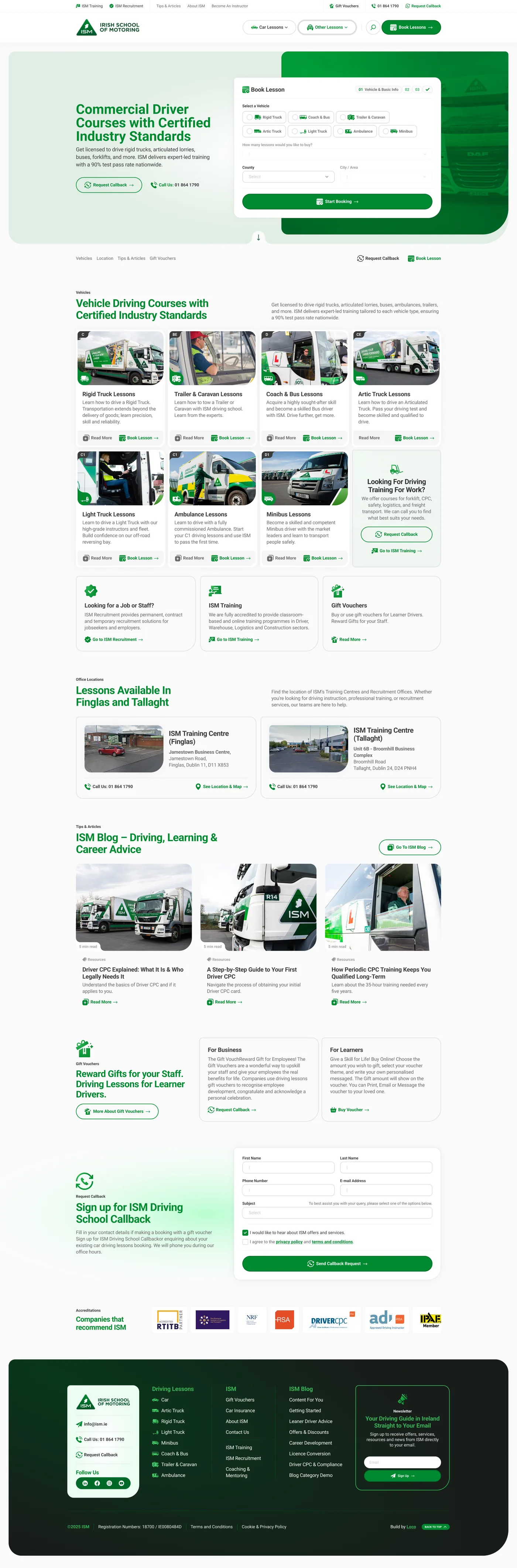 Commercial driver courses: seven vehicle categories, each a card and each a booking route