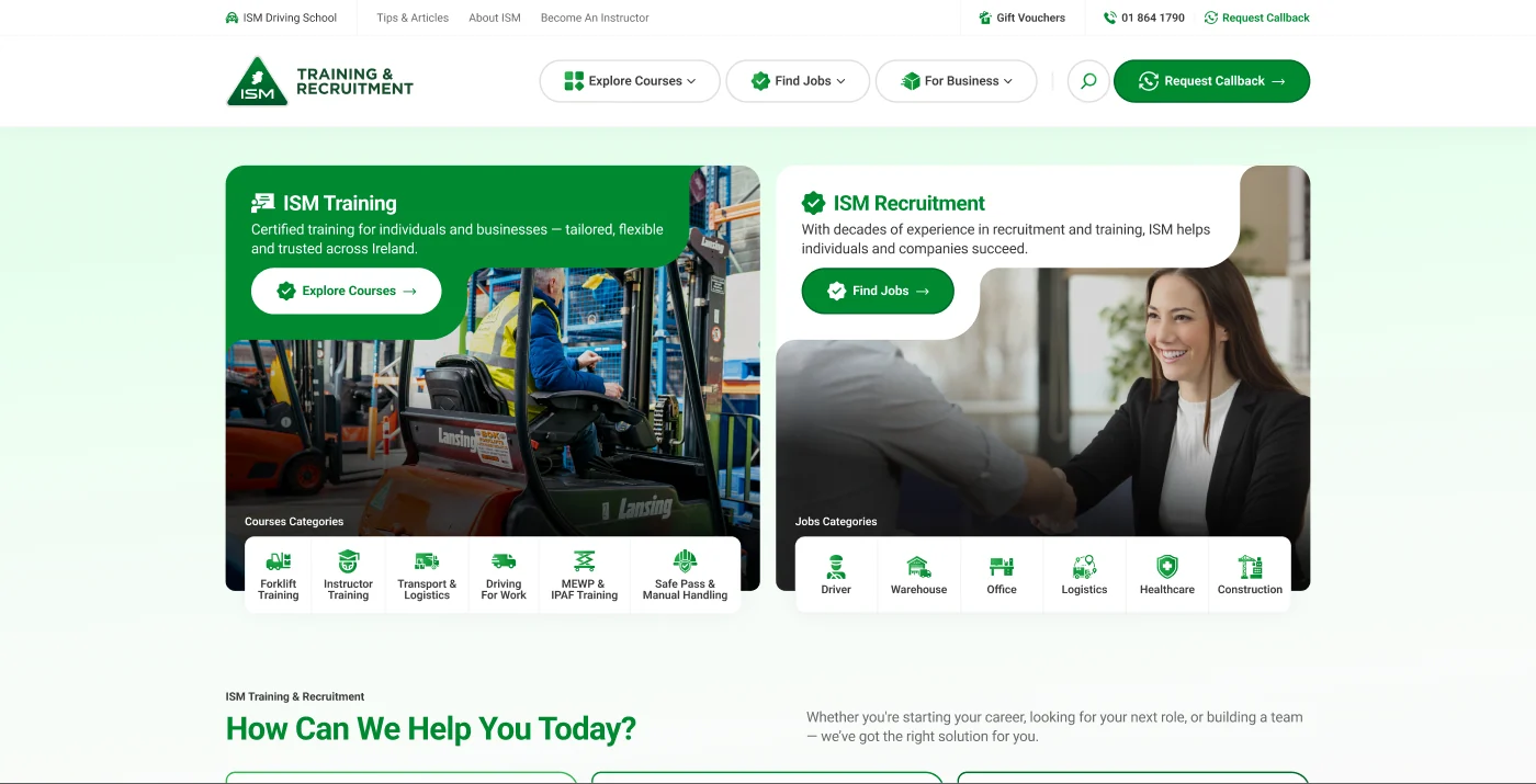 The ISM Training and Recruitment home page: a card for training with course categories, and one for recruitment with job categories