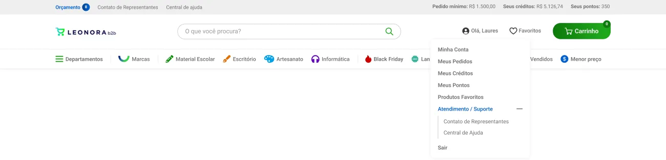 The account menu open under the customer's name