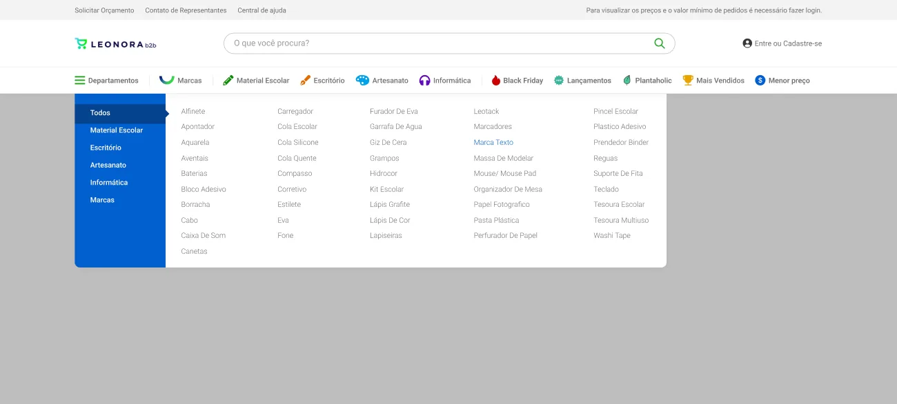 The departments mega menu open over the page, with School supplies, Office, Crafts, Computing and Brands down the left