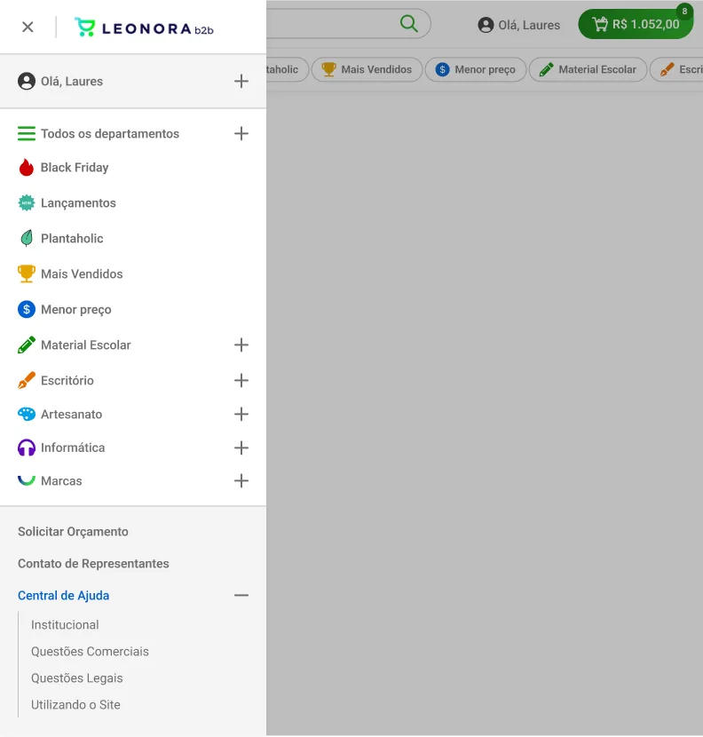 The menu drawer on a phone, with the departments as expandable rows and the help centre open