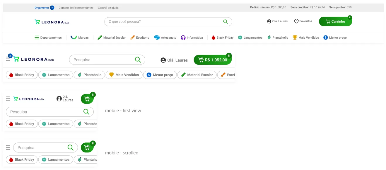 The header for a logged-in customer on desktop, tablet and phone, with the basket button showing its value and item count