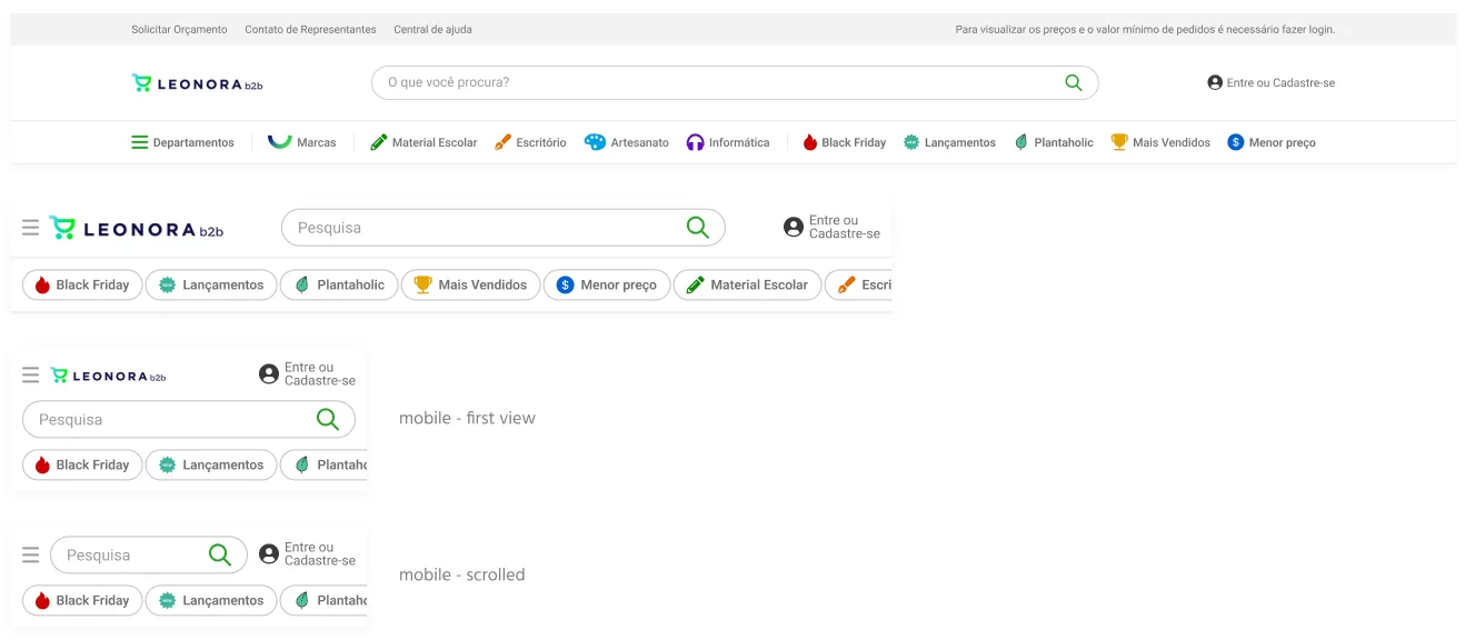 The header for a visitor who isn't logged in, on desktop, tablet and phone: search, the departments and highlights, and Enter or sign up