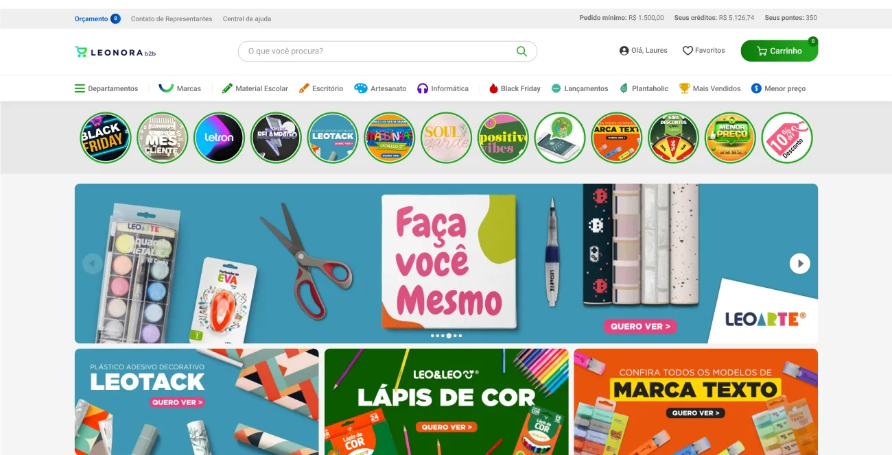 The Leonora B2B home page on desktop: the search, the department menu, the brand circles and the banners