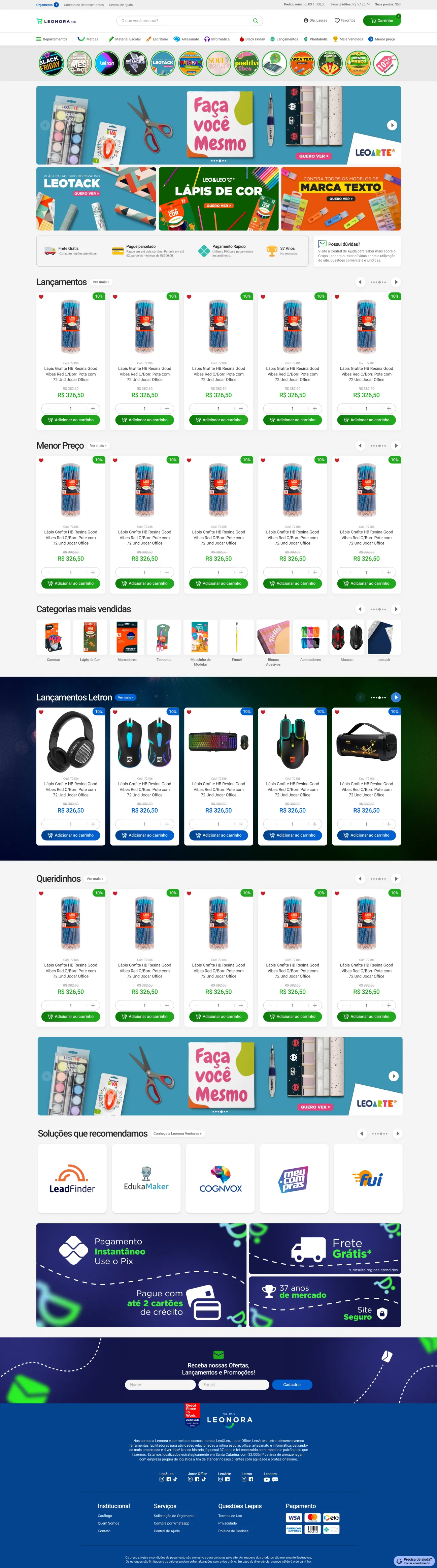 Home page: the department menu, the brands as circles, the banners and the product rails
