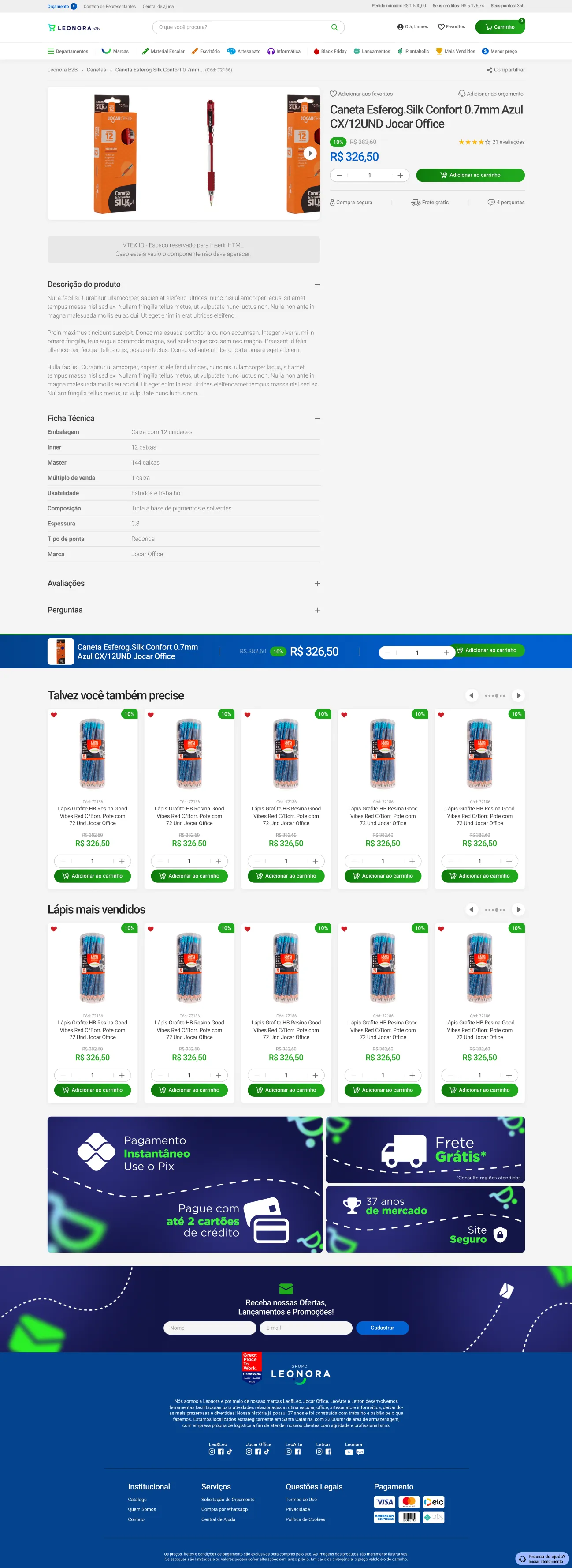 Product page: the photos, the price, the quantity and add to basket or to a quote, then the description and the technical sheet