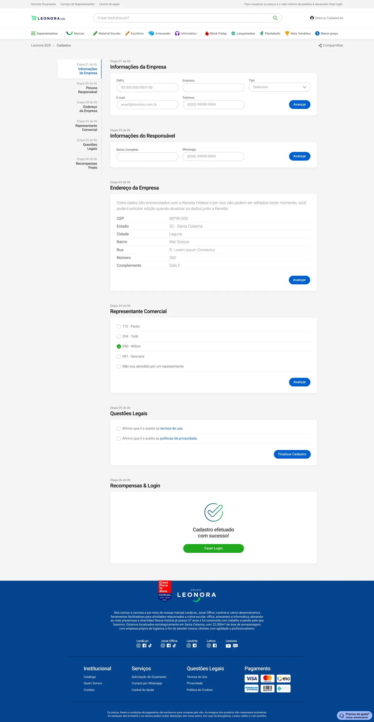 Sign-up in six steps: the company, the person responsible, the address, the sales representative, the legal terms, and the confirmation