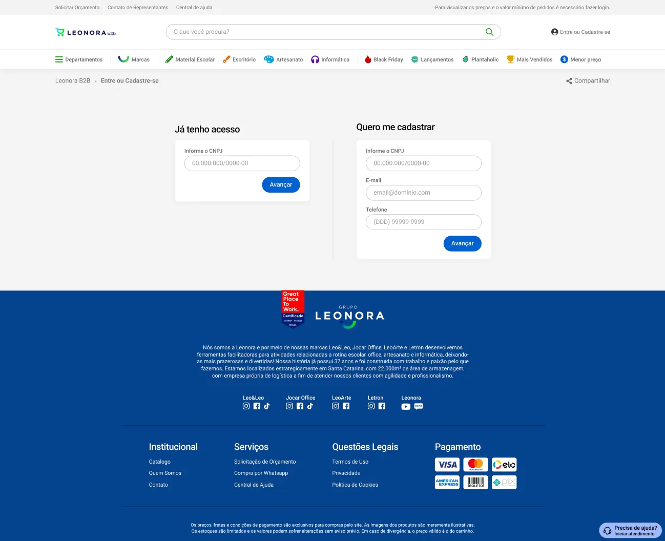 Login: the CNPJ first, then the access code sent by email