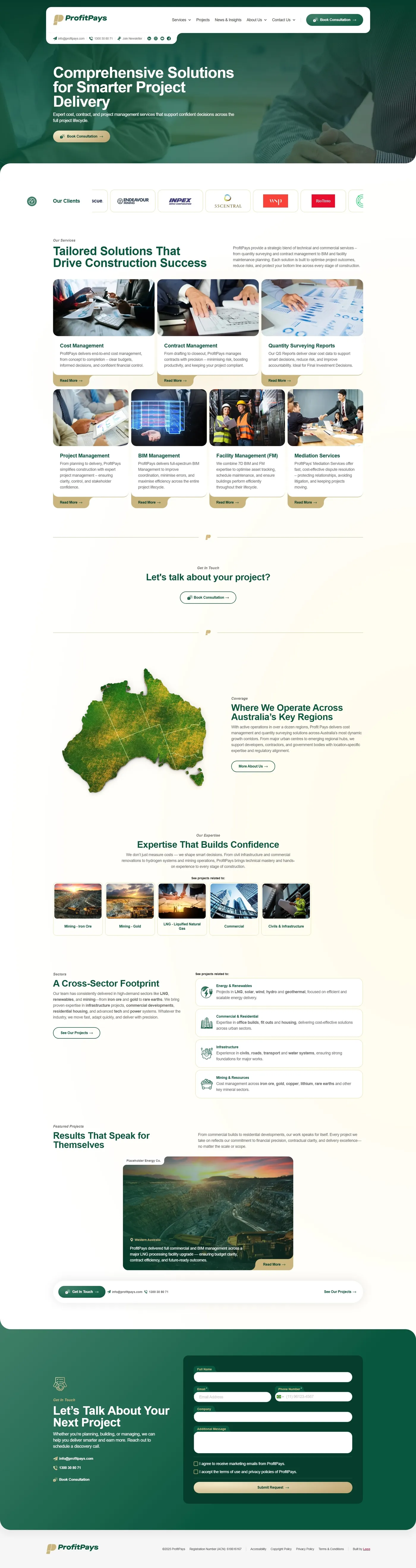 Home page: the offer stated plainly, the client proof row and the seven services