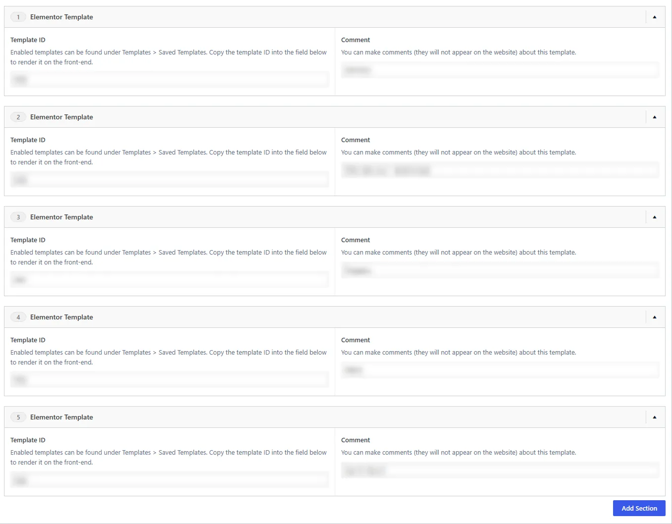 Five Elementor template blocks in the editor, with instructions under each label and the values blurred: a template ID field and a comment field in each