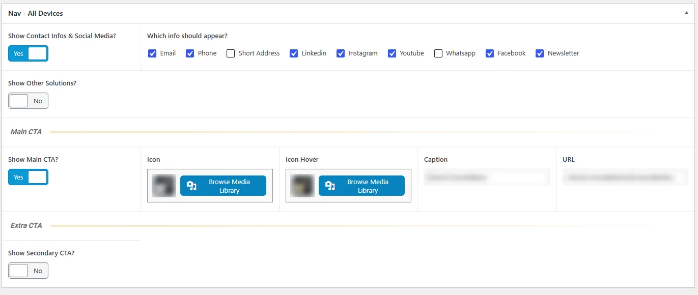 The navigation options, values blurred: switches, a row of checkboxes and the main call to action's icon, caption and link