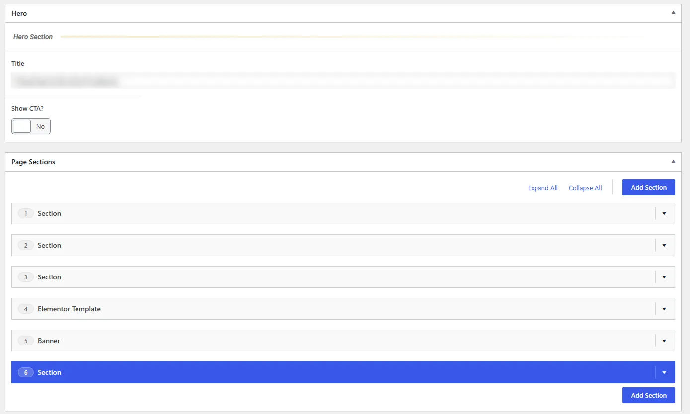 The editor for a service page, its content blurred: a hero panel above a list of six collapsed sections and the Add Section button