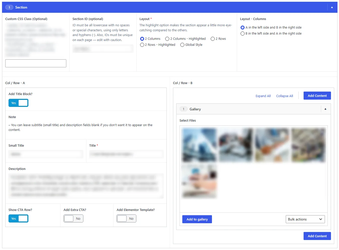 One section open in the editor, its content blurred: layout options across the top, a title block on the left with switches, and a gallery of images on the right
