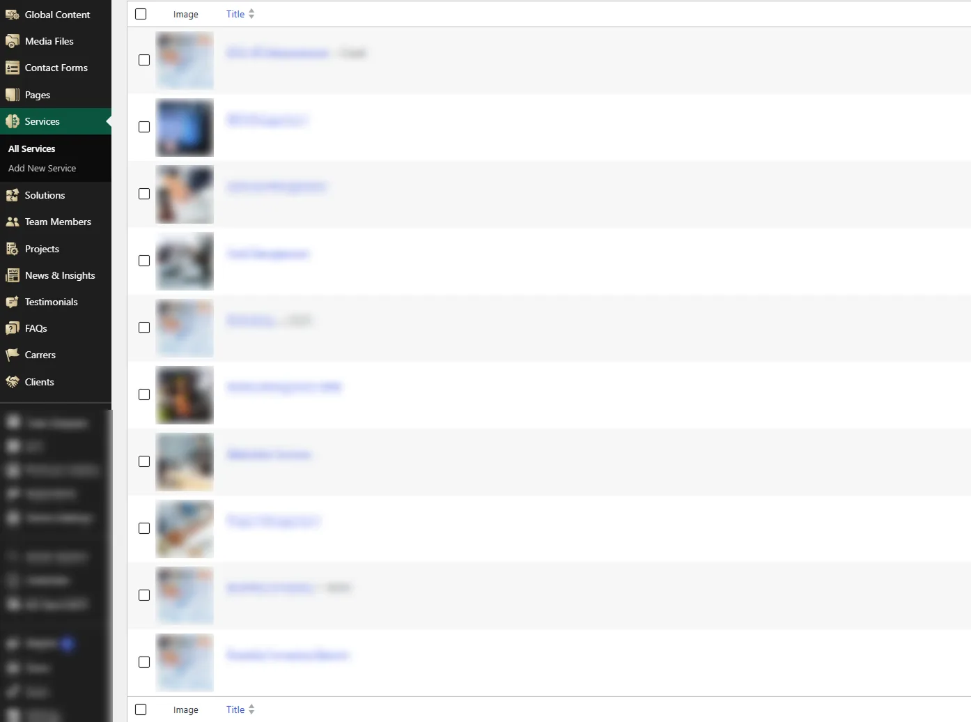 The Services list in the admin, under All Services and Add New Service in the menu, with ten services' images and names blurred