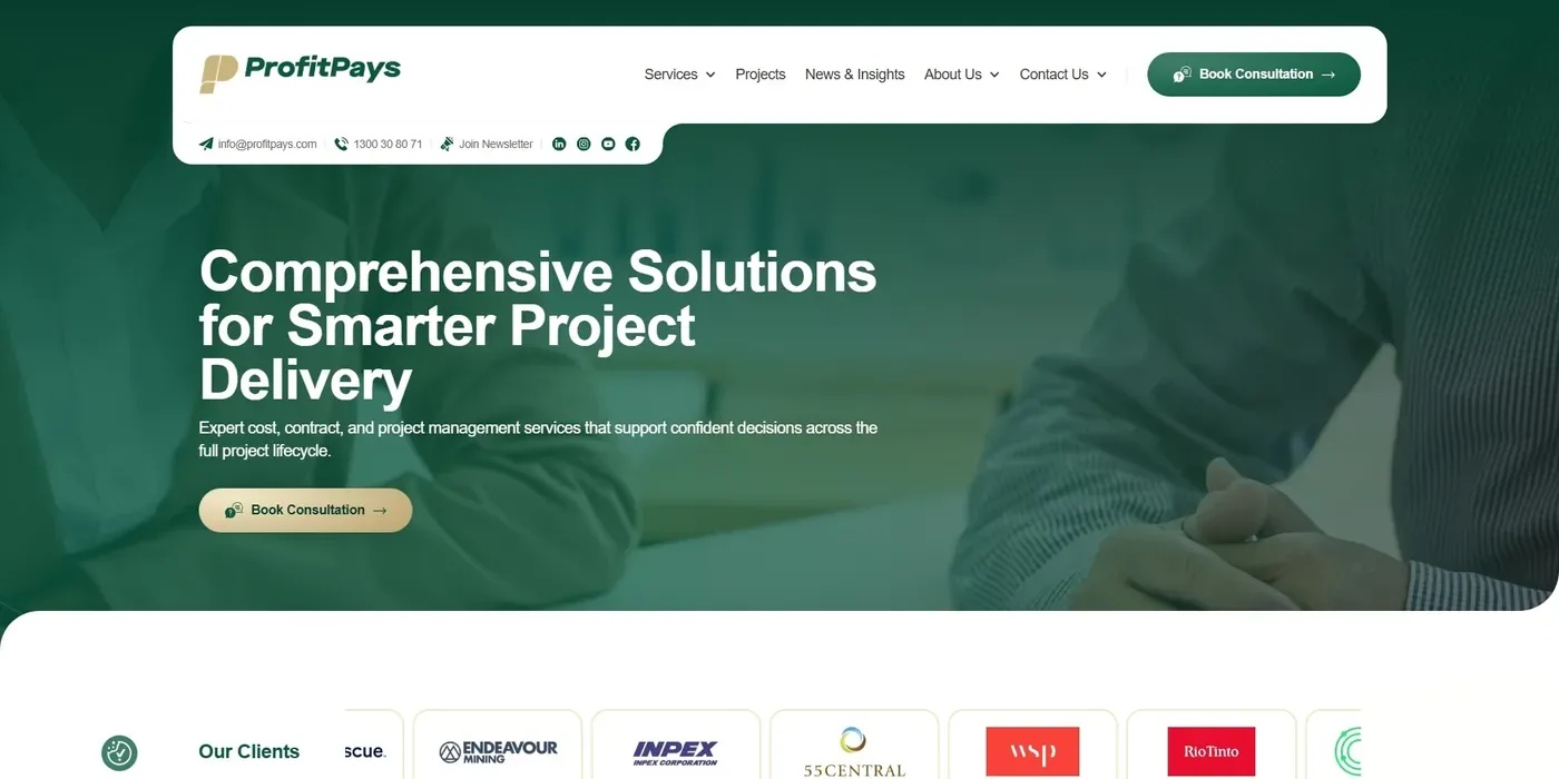 ProfitPays' home page: comprehensive solutions for smarter project delivery, with the consultation button and the clients' logos