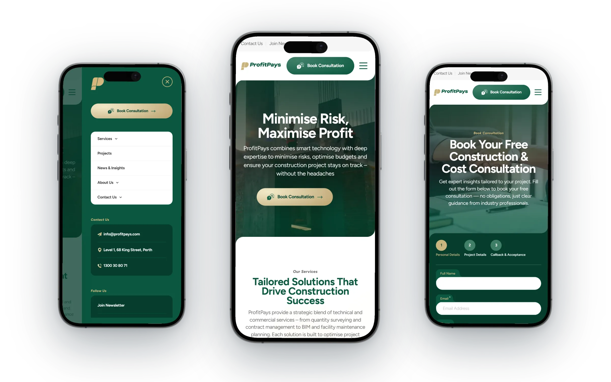 Three phones: the open menu with contact details, the home page's hero, and the first step of the consultation booking form