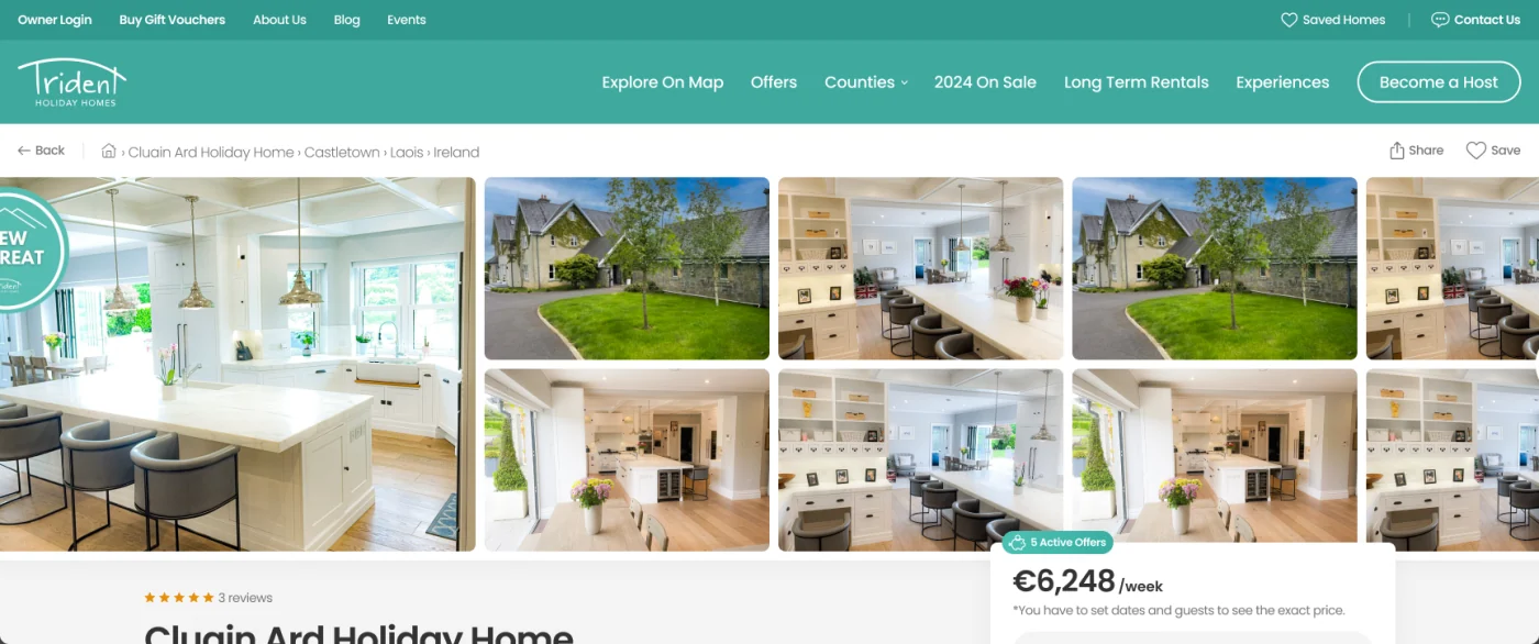 A Trident property page on a desktop screen: the photo gallery, the price per week and the reserve panel